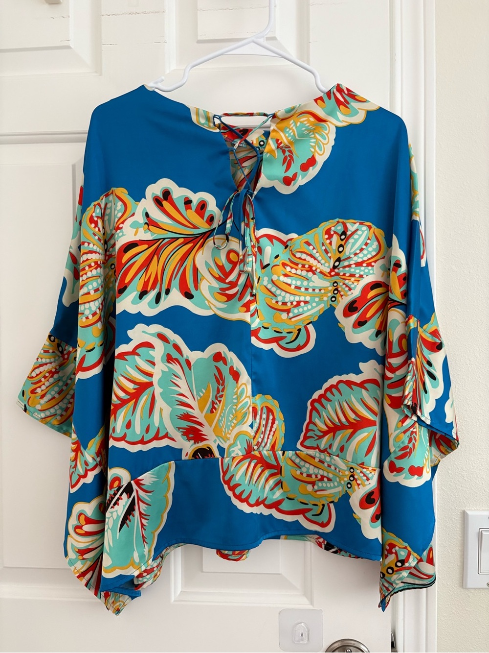 Woman Within Teal Blue Floral Lace-Up Blouse